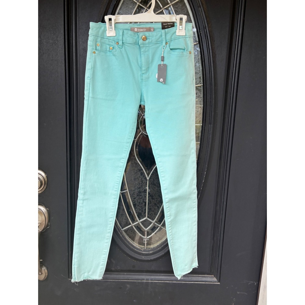 Tractr Diane Mid Rise Slim Fit Jeans Turquoise Aqua Kids Size 12 NWT Raw Hem